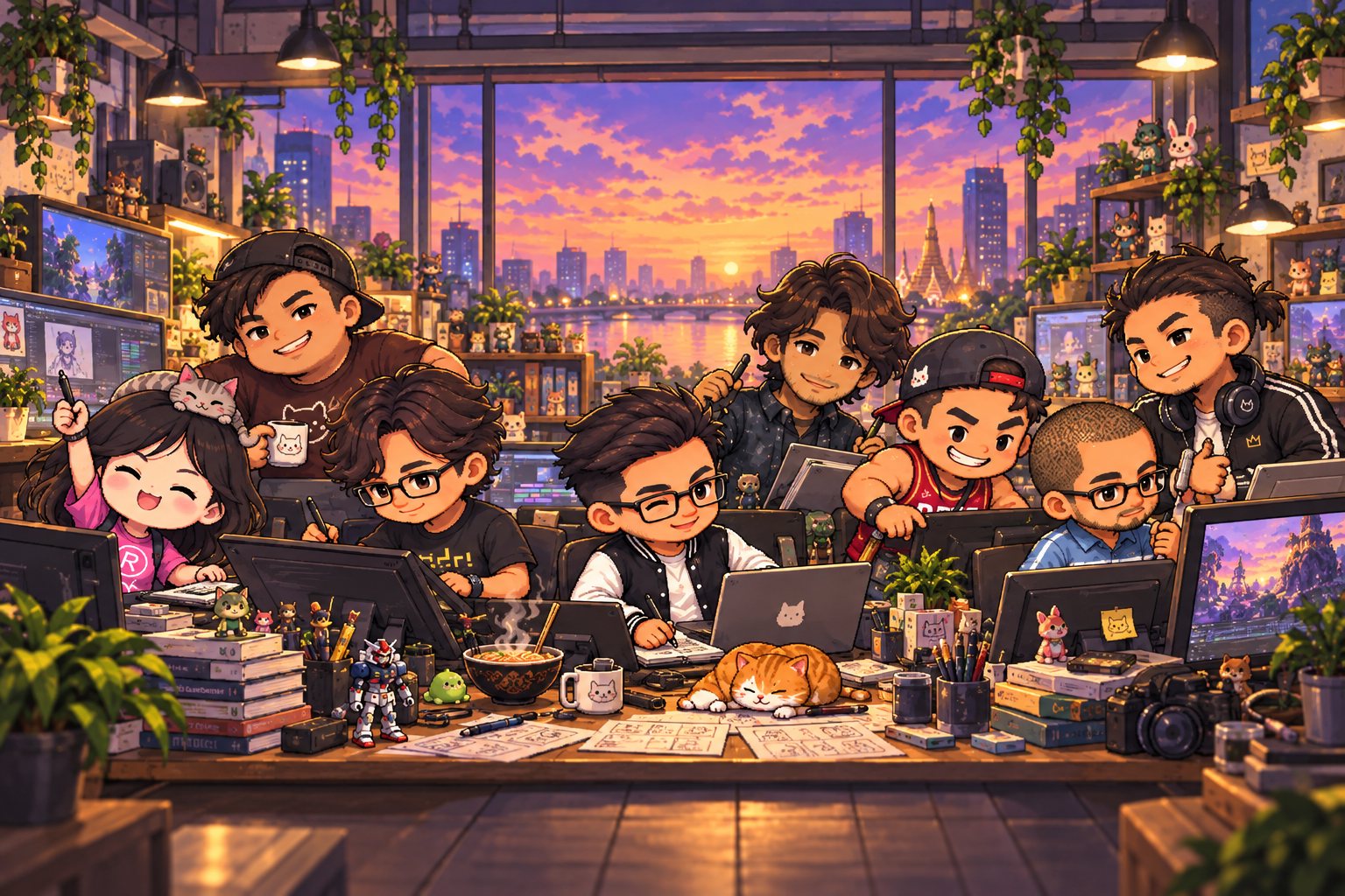 ทีม Render for Food ทั้ง 8 คนในสตูดิโอยามเย็น